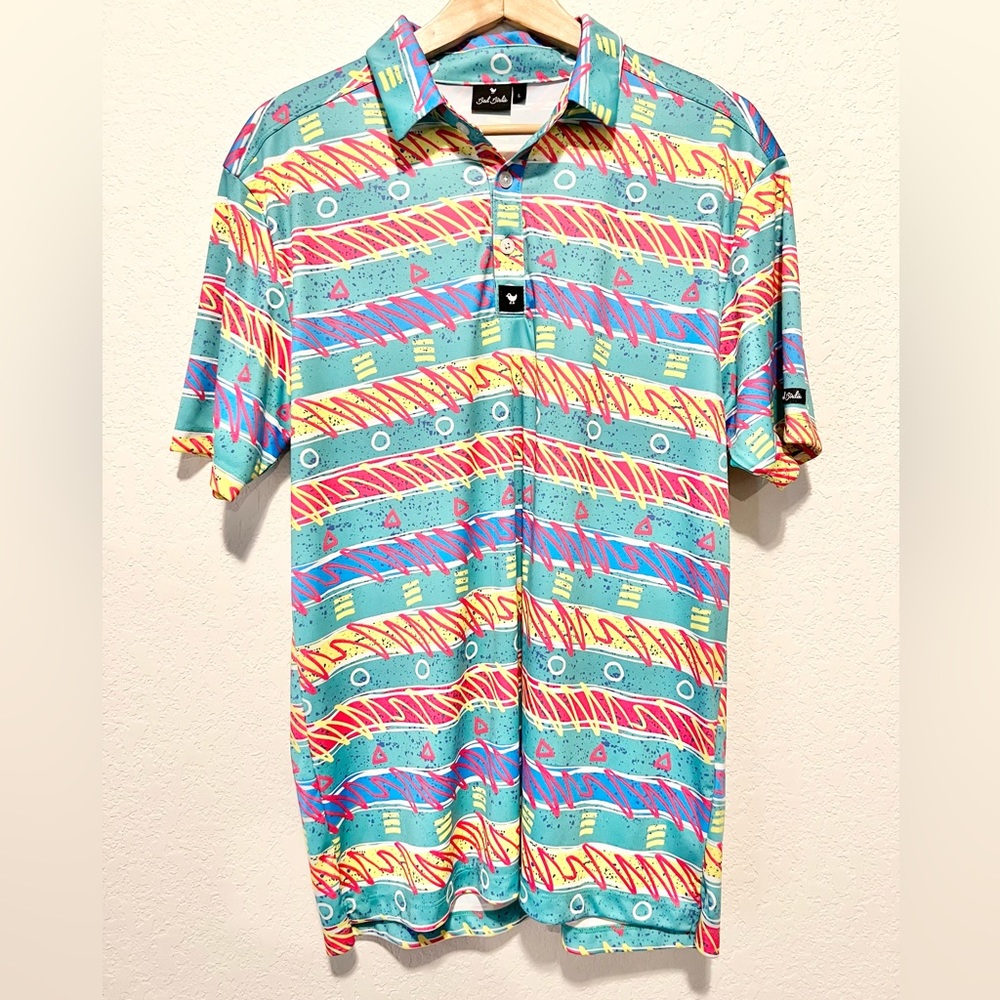 NWOT Bad Birdie Righteous 80’s Multicolor Patterned Golf Shirt